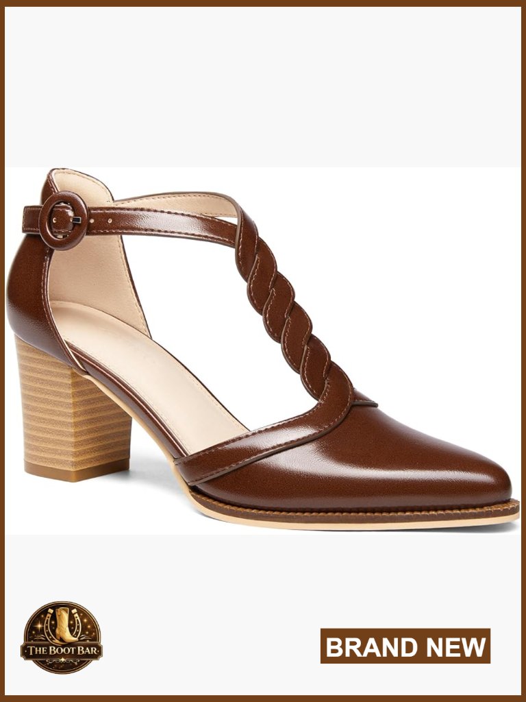 Chunky Block Heels T Strap Dress Pumps Closed Toe Stacked Heeled
